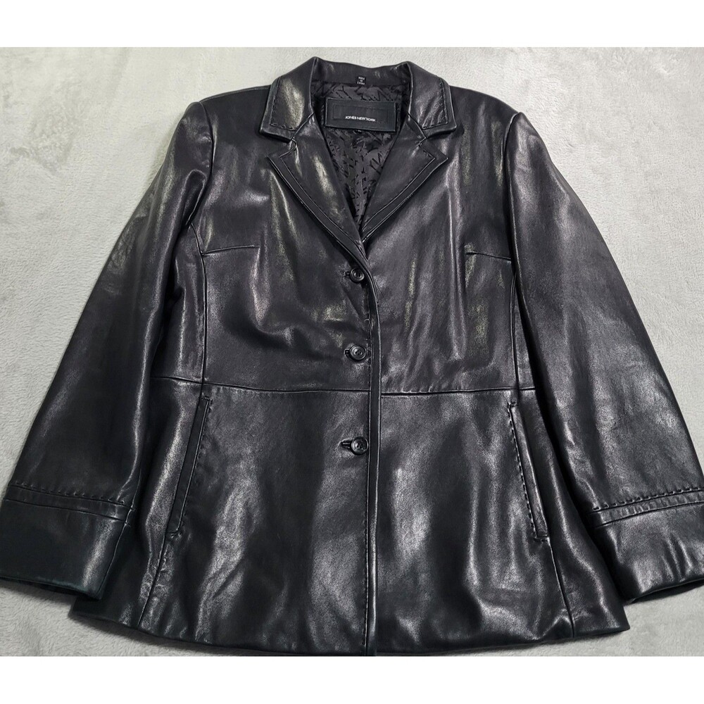 Jones New York Blazer Womens Large Black Leather Lined Collared Single-Breasted